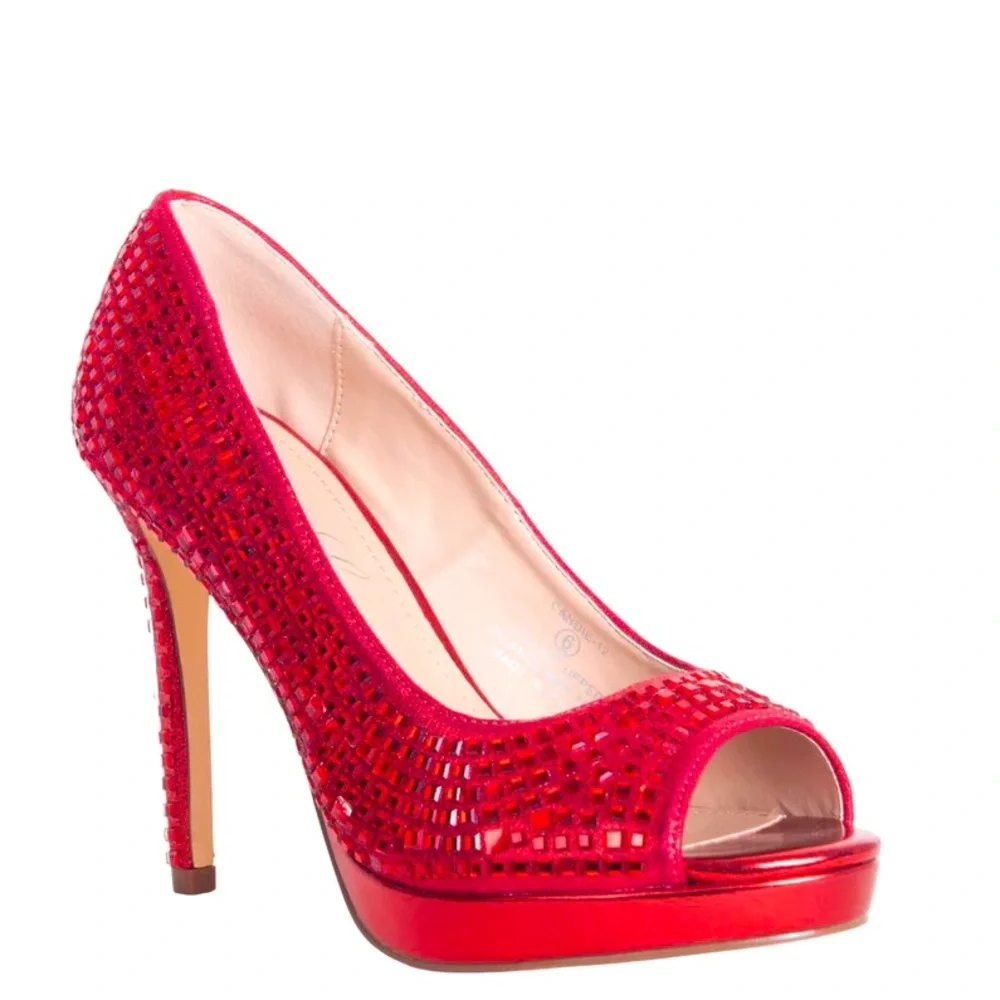 Lauren Lorraine Red Crystal Embellished Candy High Heel Platform Pumps